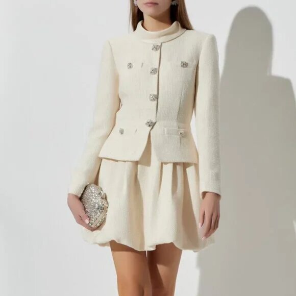 self portrait cream boucle collared mini dress SELF-PORTRAIT Cream Boucle Collared Mini Dress